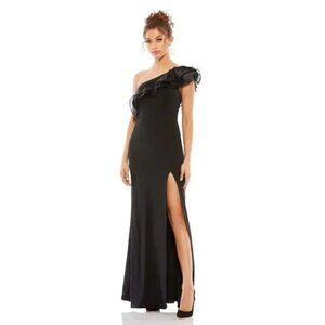 Ieena for Mac Duggal One Shoulder Ruffle Evening Gown in Black Size 0